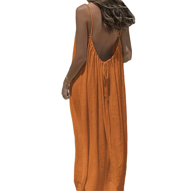 New Breathable and Softness Women's Backless Loose Fitting Home Dress Summer Solid Color Sleeveless Casual Basic Maxi Dress