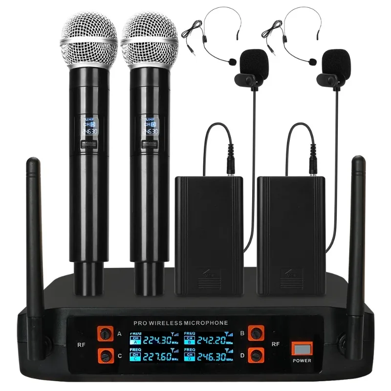 UHF 4 Channel Wireless Microphone Dual Bodypack Cordless Lavalier Mic System with 2 Lapel/lavalier for Speaking Classroom