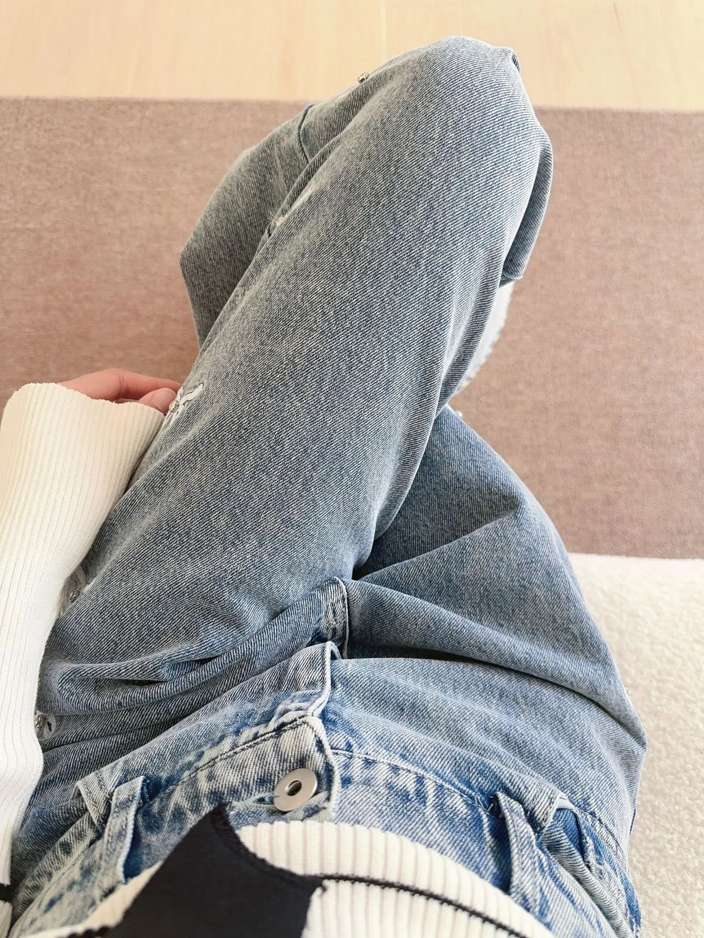 Primavera e outono perna larga design borboleta nó bordado prego diamante cintura alta perna reta jeans para mulher