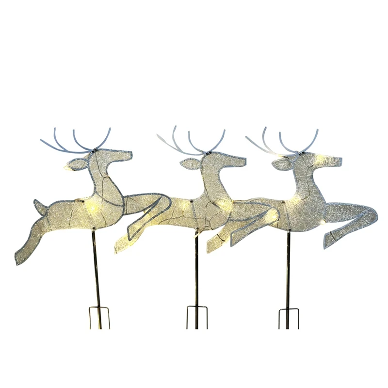 Home Christmas Yard Decoration, Set Of 3 Pre-Lit White Reindeer With White Lights, Light Up Glittered Standing Reindeer