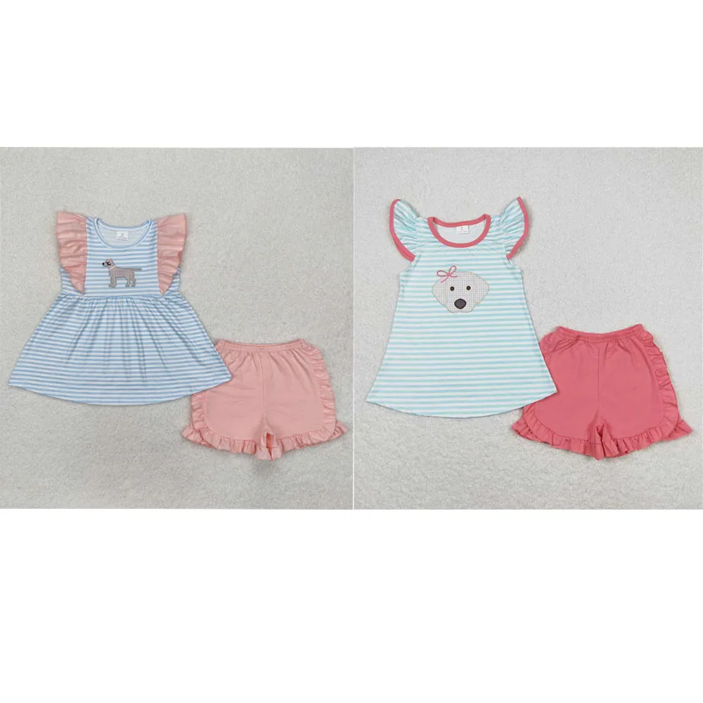 wholesale hot sale kids western boutique outfits children clothing Baby Girls Blue Stripes Dog Tunic Ruffle Shorts Clothes Sets