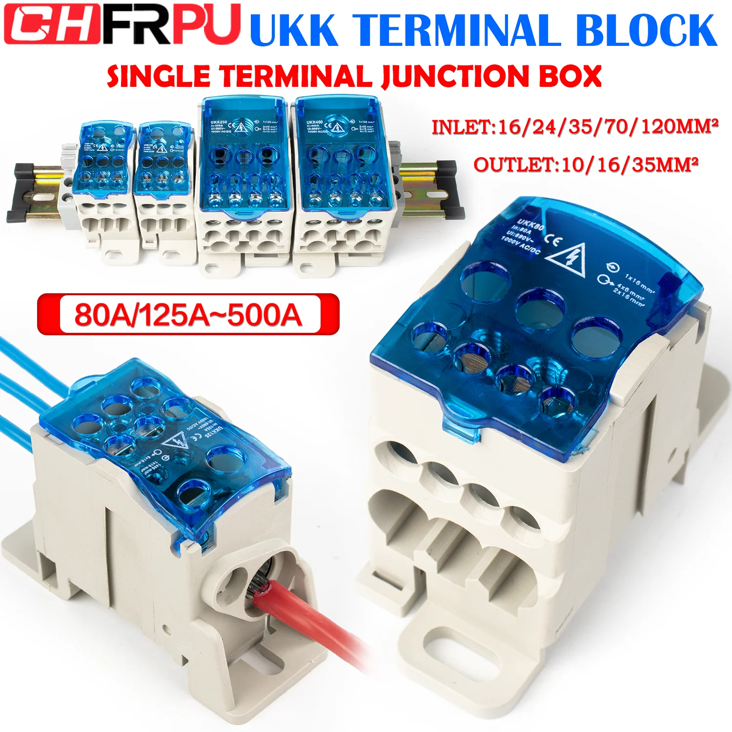 

UKK 80A 125A 160A 250A 400A 500A One in multiple-out Wire Electrical Connector Din Rail Terminal Blocks Juction Box