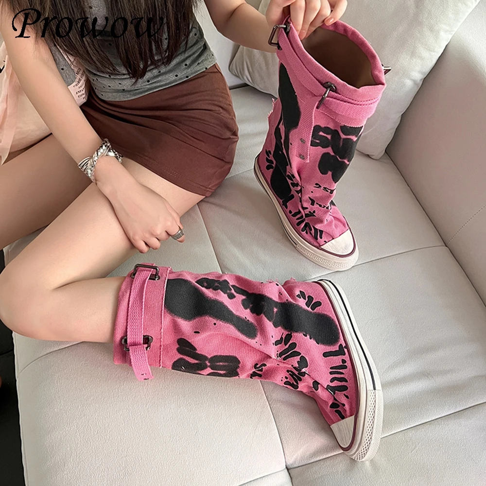 

Новые розовые ковбойские повседневные сапоги до колена с плоской подошвой и круглой головкой, женская обувь Zapatos Mujer