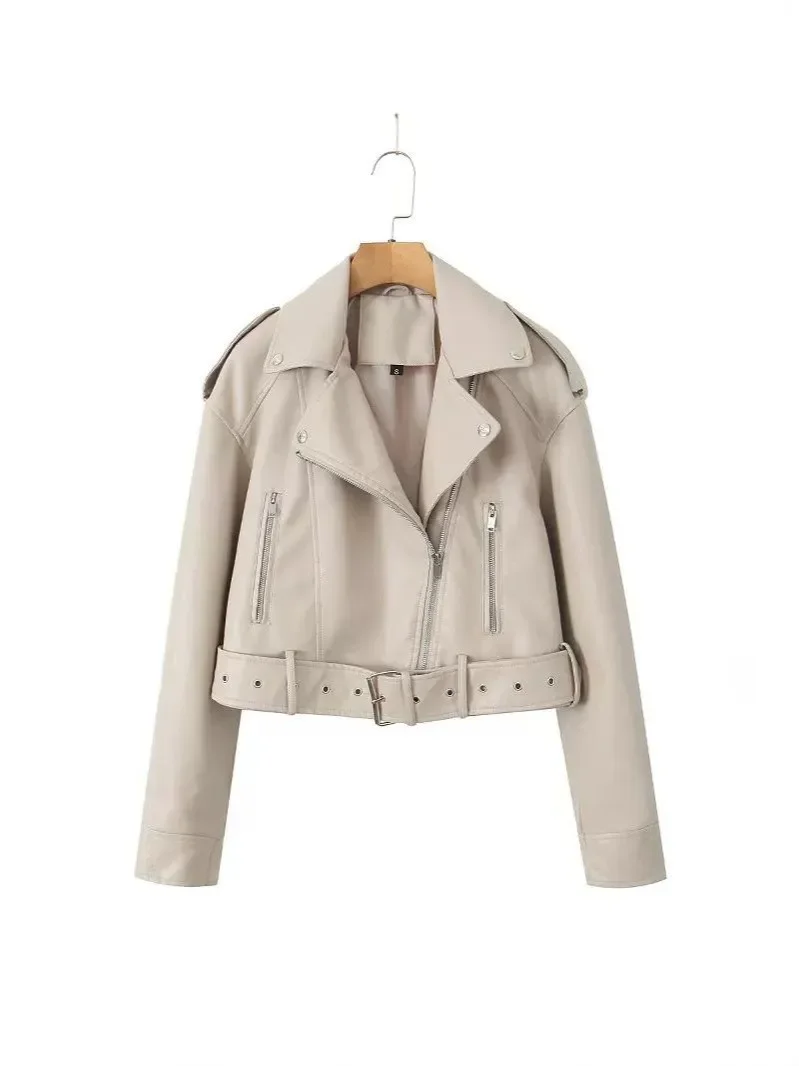 Spring Autumn Women Faux Pu Leather Short Jacket with Belt Motorcycle Biker Female Zipper Lapel Loose Coat Outwear Women