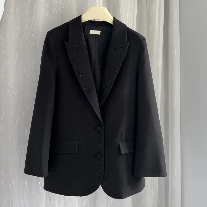 

Female Black Suits Elegant Diamond Blazers Formal Occasion Coat Casual Button Lapel Tops Women Blazer Lady White Suit