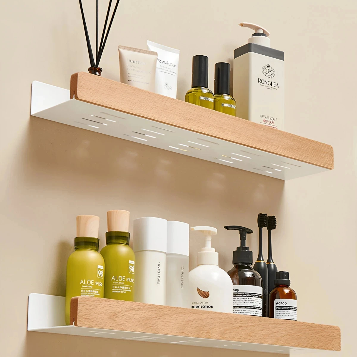 Bathroom Storage Shelves，Wooden bathroom Rack Wall-Mounted Punch-Free, Seasoning Board shower Storage Rack，bath shelf organizers