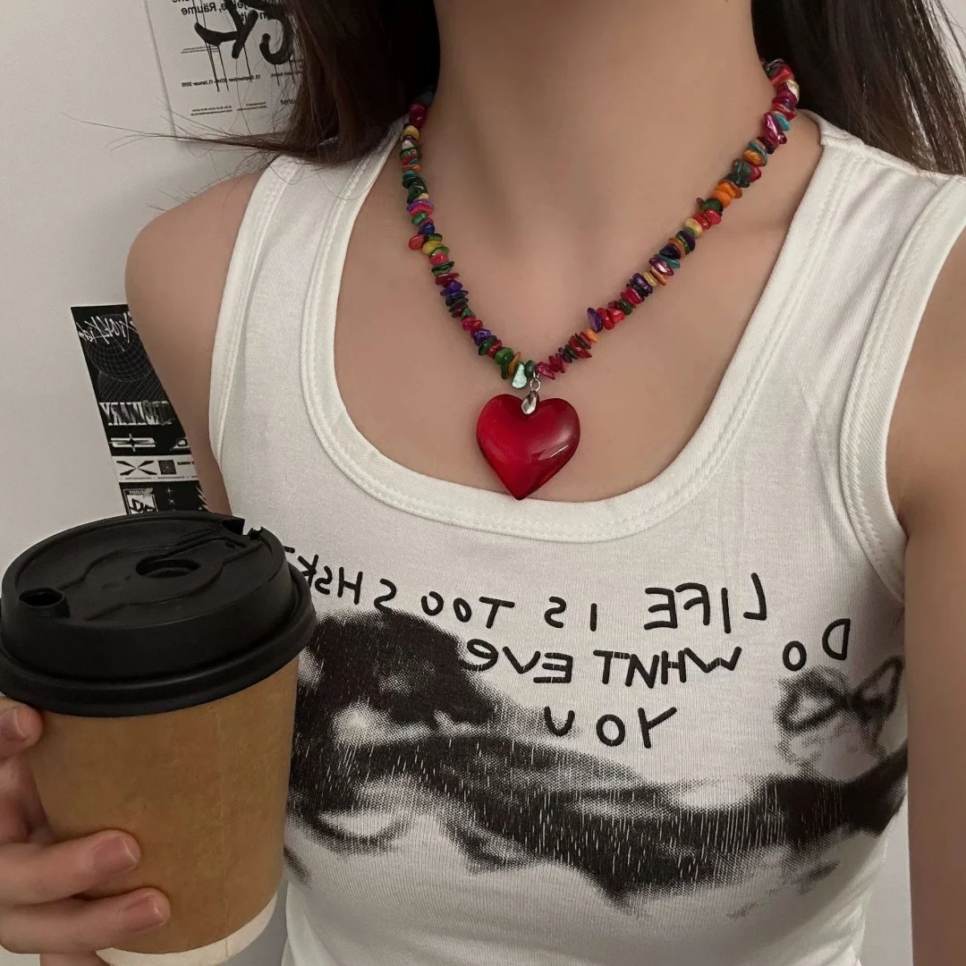 

DUTRIEUX Y2K Candy Color Hearts Necklaces Neo-Gothic Vintage for Women Fashion Collares Beaded Punk Chokers Jewelry Accessory