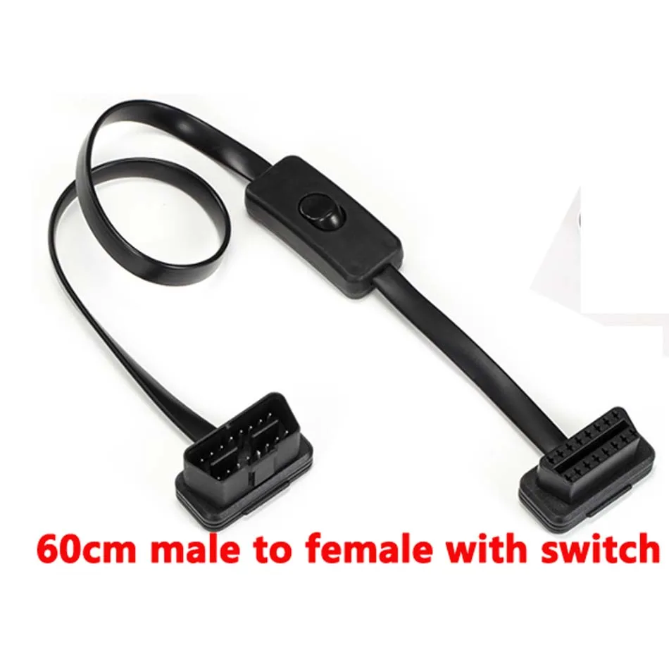 0.6M OBD2 Red Male to Female 8C Elbow Flat Wire 30CM OBD2 16PIN Noodle Cable 60cm OBD Adapter with Switch for Car Scanner Extend