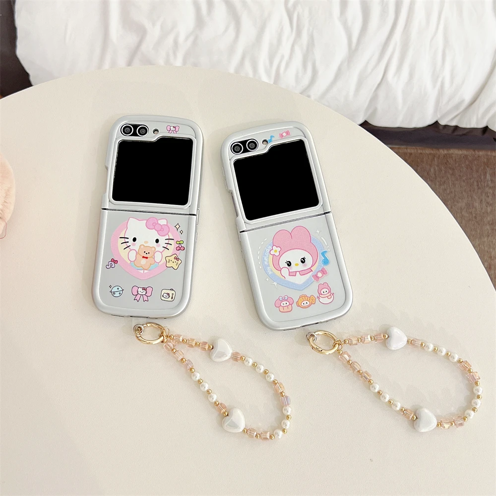 

Sanrio Hello Kitty Hard Anti-drop Back Silver Plating Cover for Samsung Galaxy Z Flip 6/5/4/3 My Melody With Lanyard Phone Case