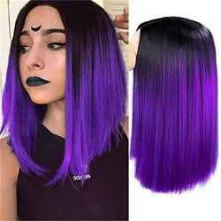 Black To Purple Bob Wig Straight Shoulder Length Short BobCut Wig For Women Synthetic Fiber Hair Wig For Party HalloweenCosplay