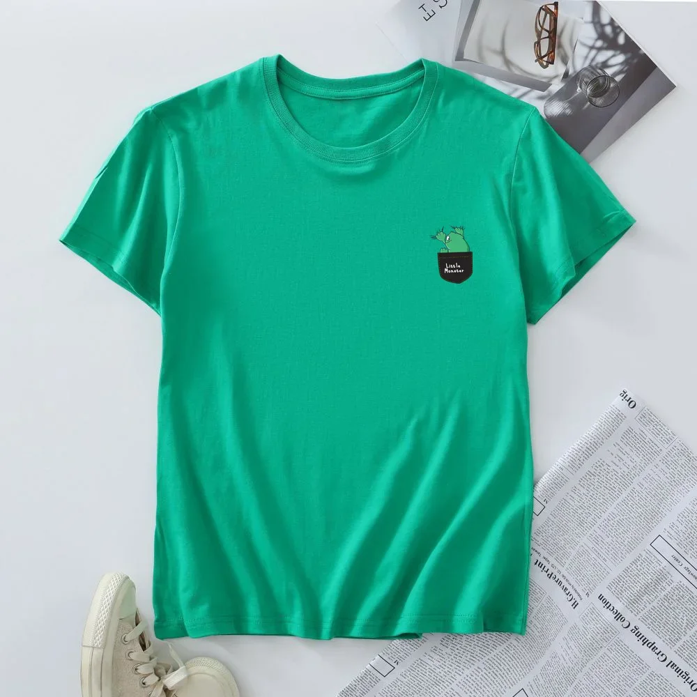 Vrouwen T-Shirt Korte Mouw T-Shirt Zomer Katoenen T-Shirt Vrouwen Kleding Dames Top Mode Kleine Monster Pocket Grafische T-Shirts