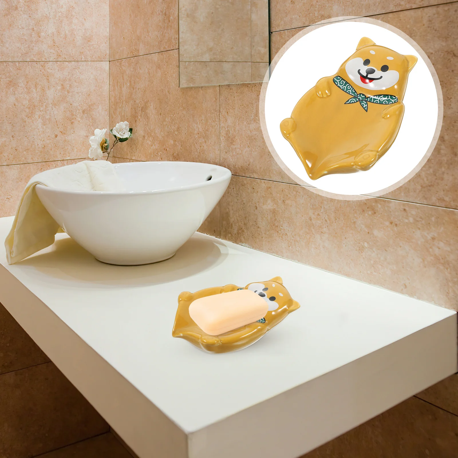 

Dog Shape Ceramic Soap Dish Draining Holder Portable Bathroom Kitchen Soap Storage Tray Organizer Bathroom Supplies,
