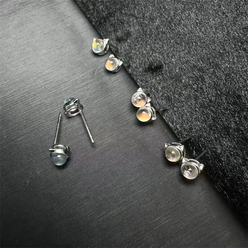 

S925 Natural Madagascar Rainbow Moonstone Cat Earrings Sterling Silver Reiki Healing Stone Fashion JewelryGift A SET