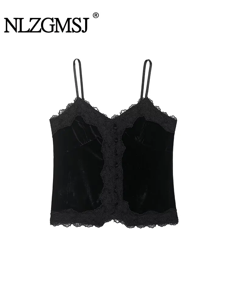 

NLZGMSJ женские майки 2026, весенний кружевной лоскутный топ без рукавов с открытой спиной, замша с v-образным вырезом, тонкий укороченный топ Y2K