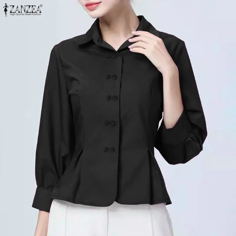 Fashion Women Shirt 2026 ZANZEA Spring Office Work Blouse Elegant Solid Waisted A Line Blusas Femme Lapel Neck 3/4 Sleeve Tops