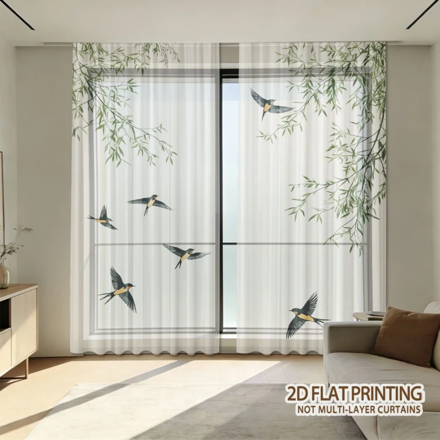 2PCS Digital Print Sheer Curtain, Swallows Singing Willow Breeze Pattern, Fresh Natural Pastoral Spring Home Style Decor view 5