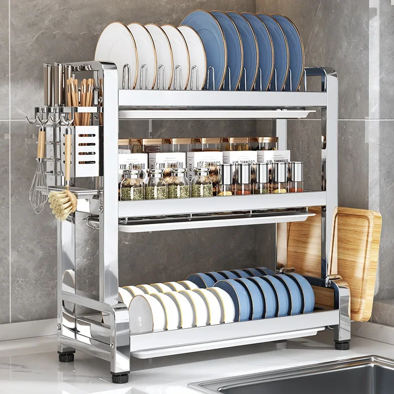

3 Tier Dish Bowl Drainer Thickening Kitchen Dish Drying Rack Multi-function Countertop Dinnerware Organizer with Utensil Holder