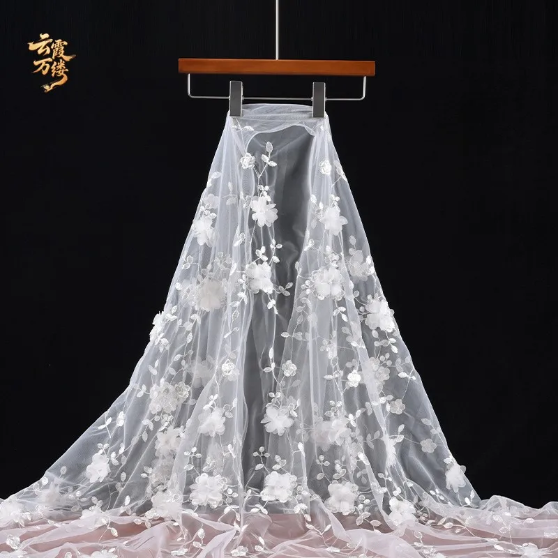 Three-dimensional embroidery flower lace mesh fabric wedding dress skirt clothing designer