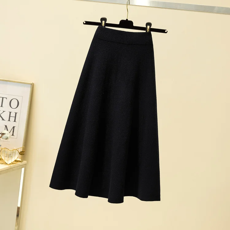 MEXZT Knitted Midi Skirt Women Korean High Waist Black Pleated Skirts Fall Wnter Fashion Elegant Slim All Match A Line Skirt New