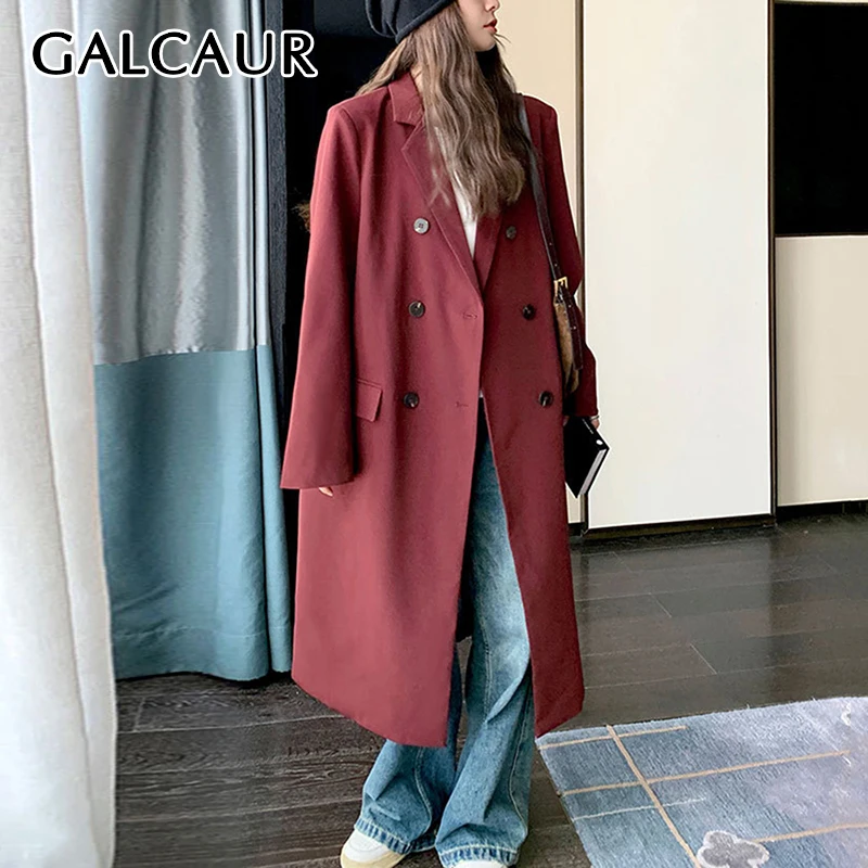 

GALCAUR High Street Solid Blazer Women Notched Collar Long Sleeve Spliced Double Breasted Midi Length Coats Female Clothing New