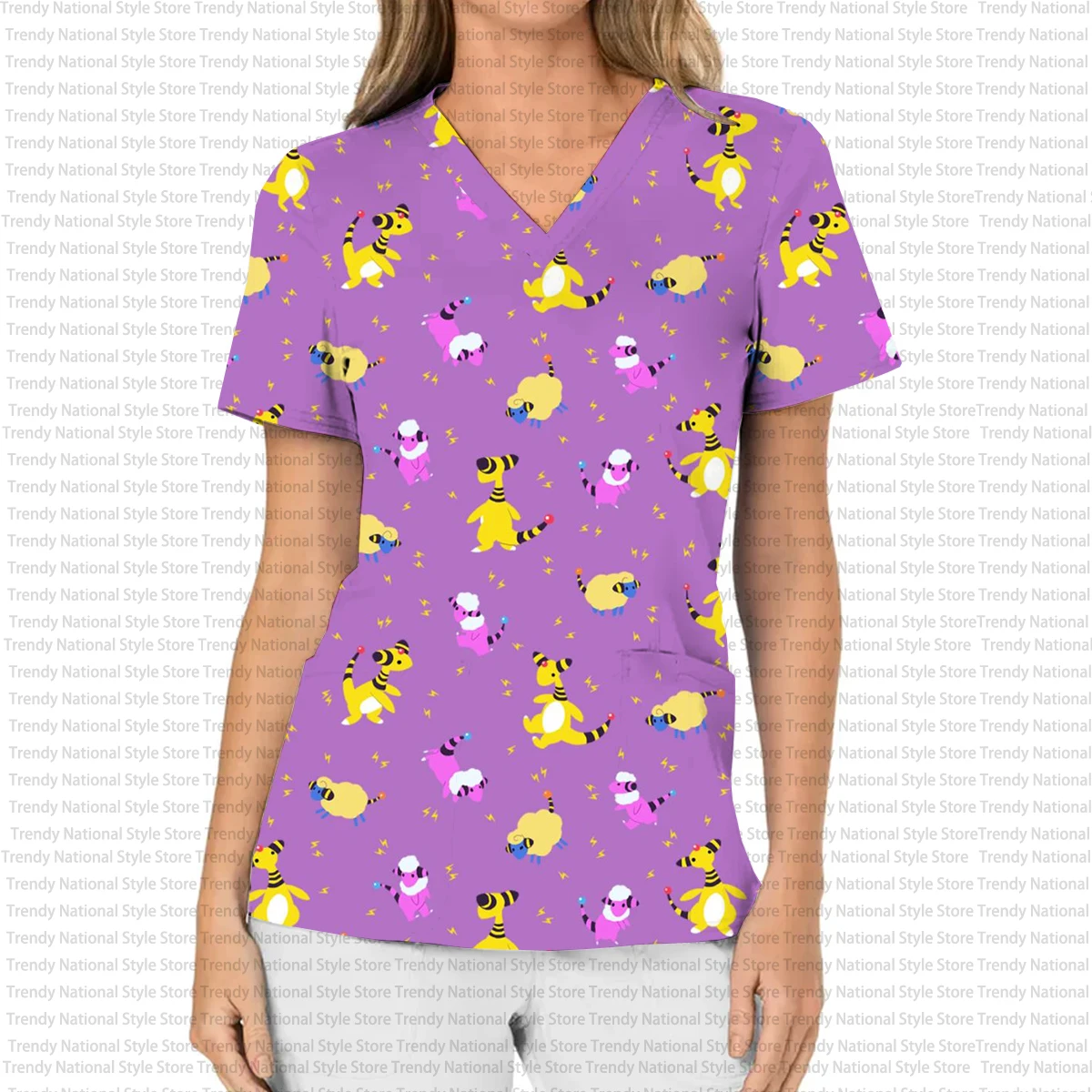 Summer New Style Beauty Salon Neck Frosted Top Women's Commuter Wear Hospital Clinic T-shirt Pokémon Print Dental Top