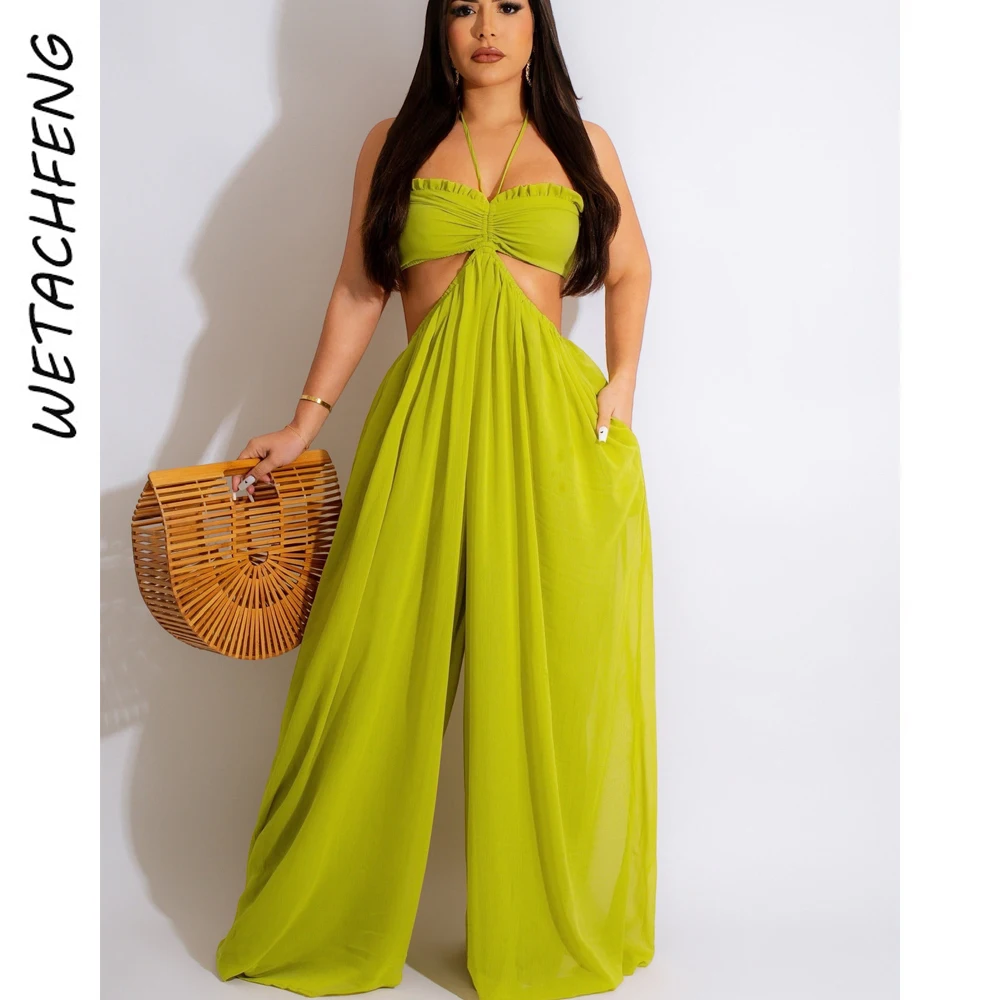 Sexy Chiffon Ruffles Bra Backless Lace Up Halter Strapless Wide Leg Pants Women Jumpsuit Summer Solid One Piece Jumpsuit Clothes