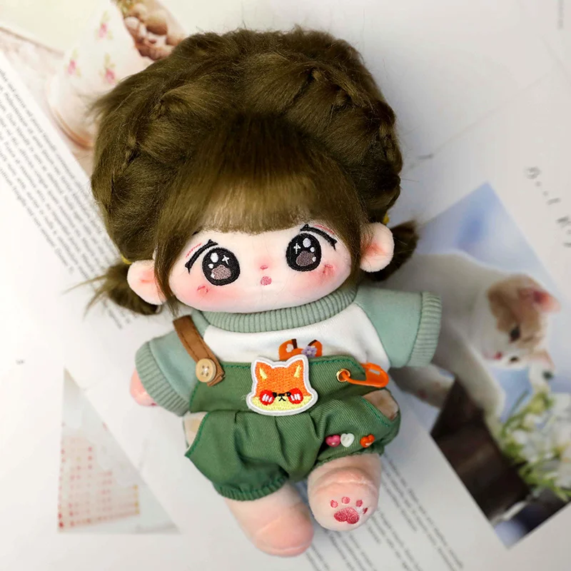 

20cm Anime Plush Star Cotton Idol Dolls Girl with Green Overall Suit DIY Clothes Accessory Cute Stuffed Customization Figure Toy