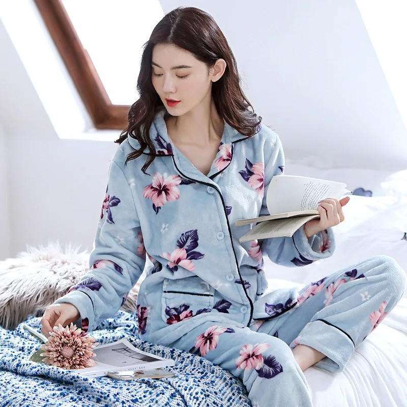 Neue Damen Herbst Winter Nachtwäsche warm verdickte Pyjamas Set Flanell weiche Freizeit Nachtwäsche lange Hosen Homewear Pyjamas