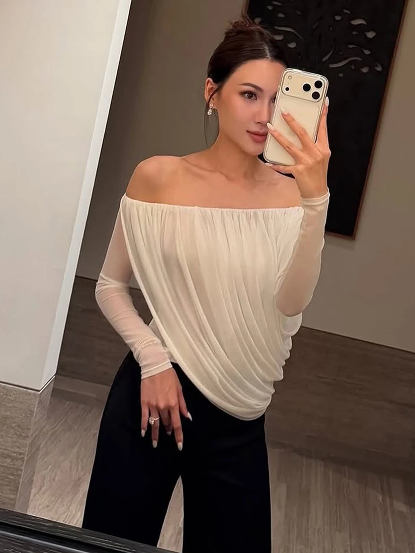 

Модная женская футболка Sisjuly с длинным рукавом, свободного кроя, из полупрозрачного полиэстера, на одно плечо, с защитой от солнца, повседневная одежда