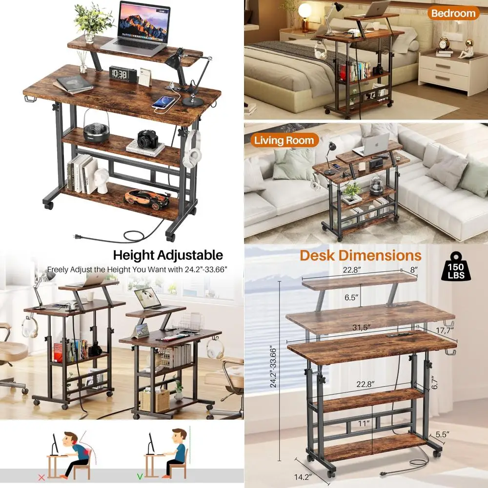 

Adjustable Height Standing Desk with Monitor Stand, Rolling Desk with Power Outlets and Storage Shelves, Compact 31.5 Inch Works