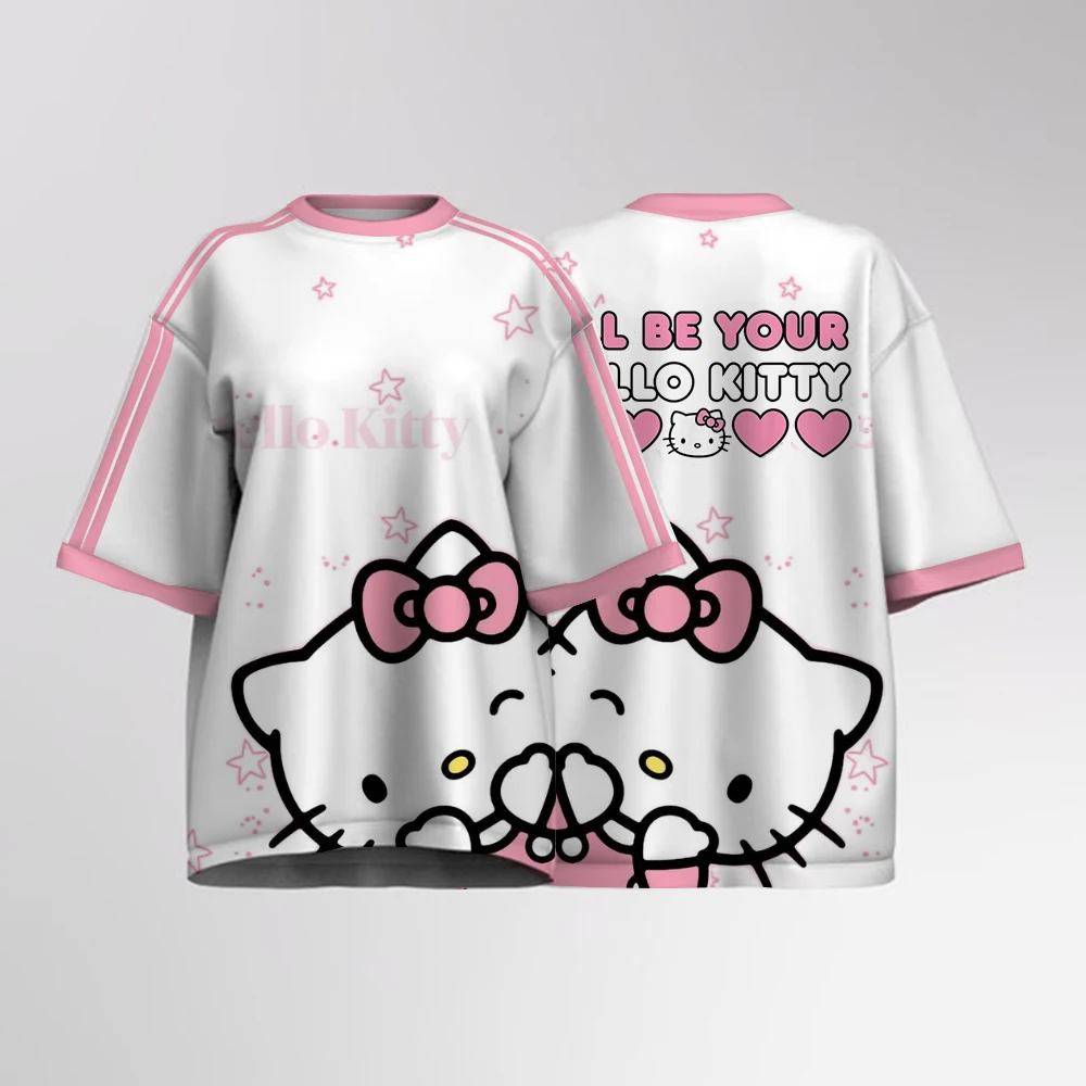 

Женская вязаная футболка с принтом Hello Kitty, футболка с буквенным принтом, сетчатая футболка с круглым вырезом и коротким рукавом, 2025 Y2k, летняя повседневная верхняя одежда