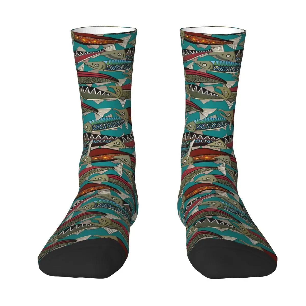 Funny Men's Socks Alaskan Salmon Teal Vintage Hip Hop Casual Crew Sock Gift Pattern Printed