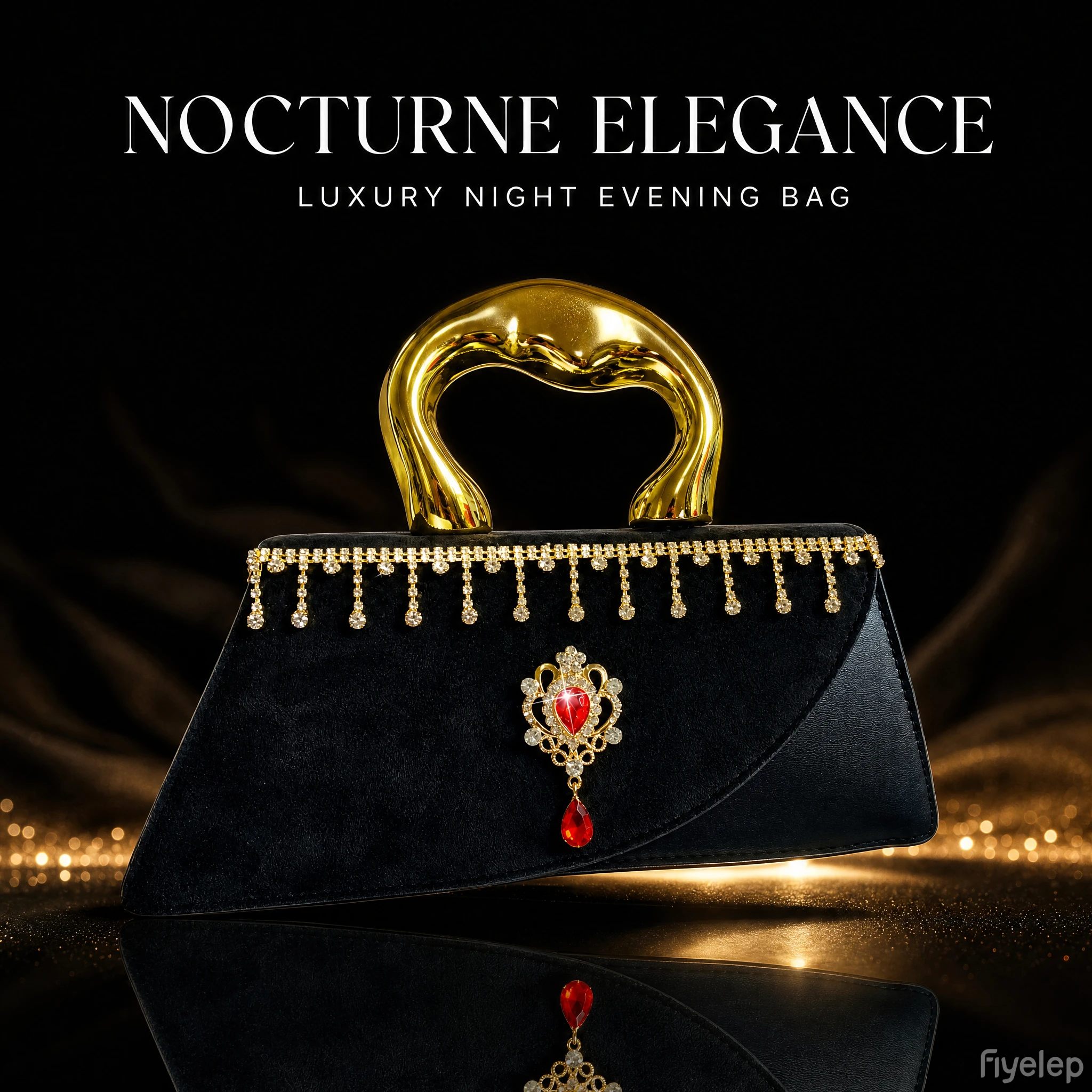 New Cross-Border Faux Leather Women's Handbag, Black Vintage Evening Bag, Gold Curved Handle with Rhinestone Tassel, Red Gemstone Brooch Clutch, Large Capacity Shoulder Crossbody Party Bag