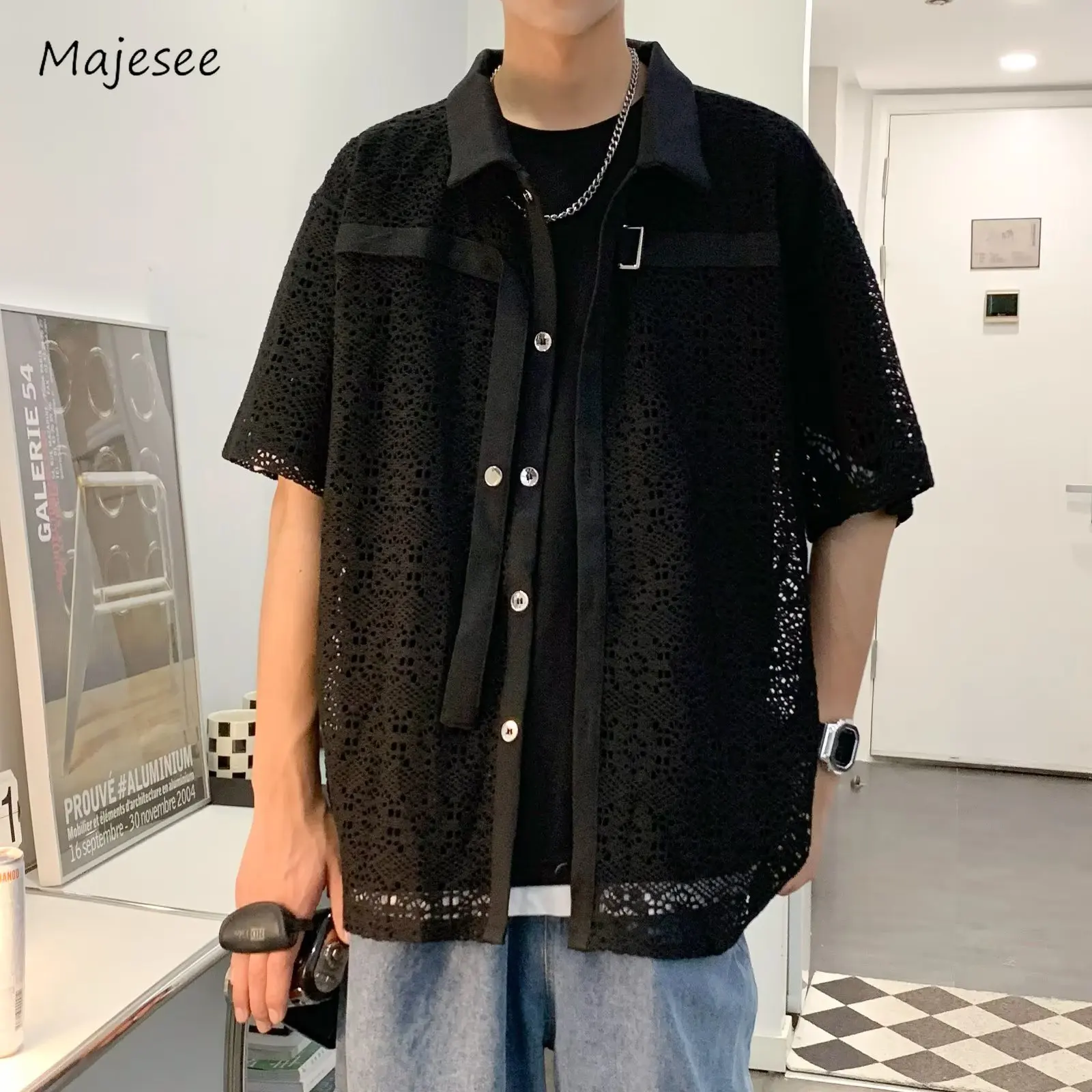 

Short Sleeve Shirts Men Summer Hollow Out Fashion Ulzzang Basic Teens Outerwear Holiday Clothing Vintage Solid Color Hot Sales