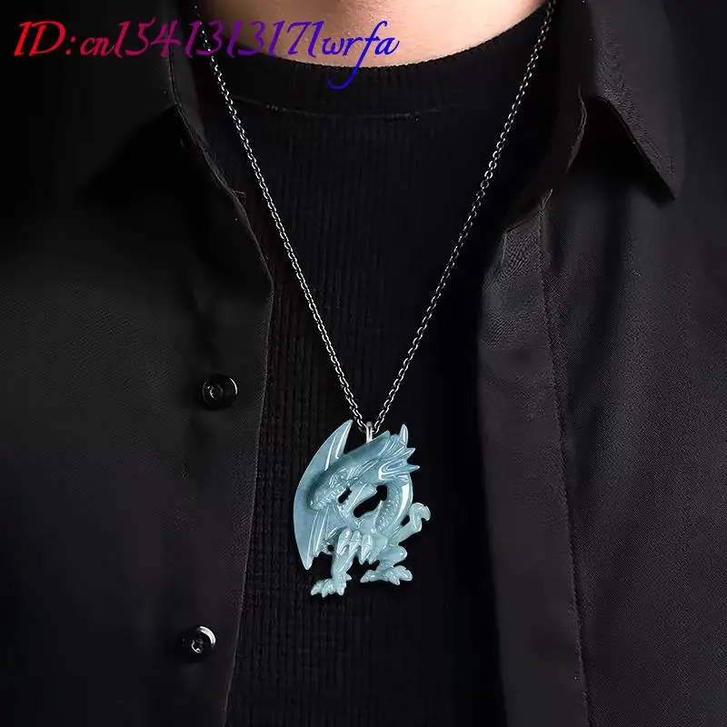 Blue Myanmar Jadeite Dragon Pendant Necklace Burmese Jade Fashion Accessories Luxury Gifts for Women 925 Silver Talismans view 3