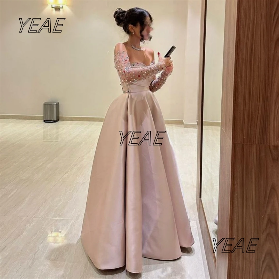 Santorini Modest Evening Dresses Sweetheart Colorful Crystals Long Sleeves Prom Dress Ruched Satin A Line Wedding Party Gowns