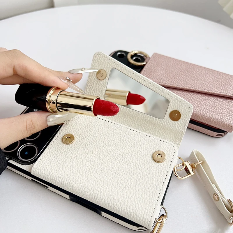 Crossbody-Geldbörsen-Handyhülle mit Make-up-Spiegel für iPhone 17 18 Pro Max 16 Pro 15 14 13 12, trendige Lederhülle mit Kartenfach und Lanyard – Detail 8