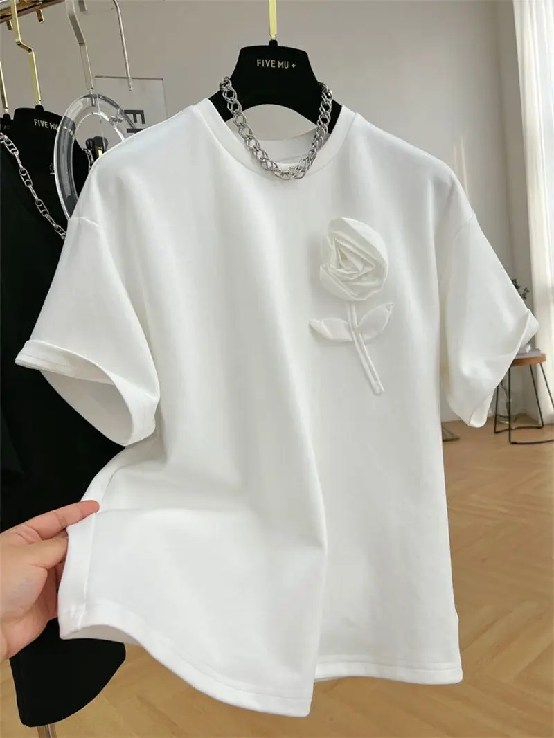 Nomikuma Chic 3D Flower Causal Sweet Woman Tshirts 2023 Summer Short Sleeve O-neck Tee Tops Korean Fashion Graphic T Shirts