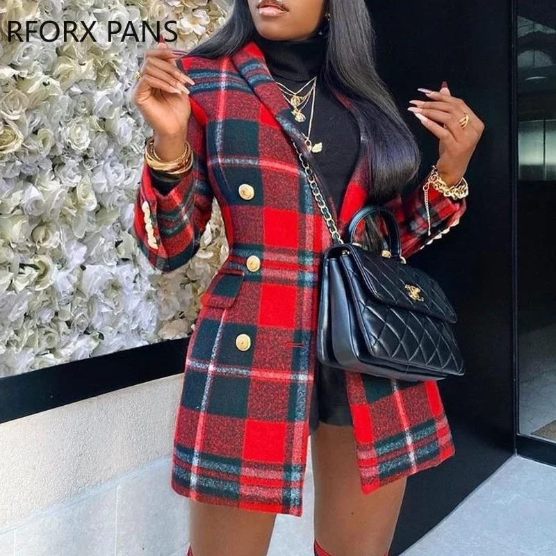 Women Chic Elegant Plaid Pattern Colorblock Buttoned Longline Blazer Coat