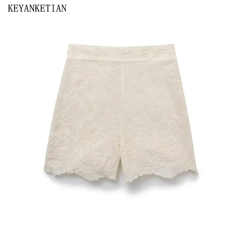 

KEYANKETIAN 2024 New Launch Women Embroidery Shorts Summer Holiday wind Side Zipper High waist Wavy Edge Straight Leg Hot Pants