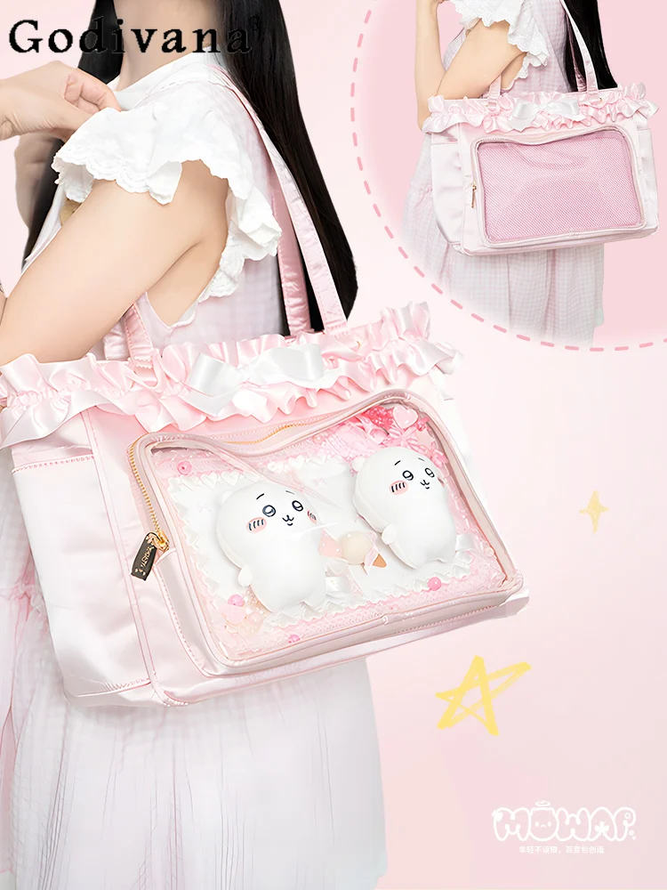 

2D Japanese Original Lolita Satin Tote Bag Large Capacity Sweet Cute Girl Ribbon Commuter Casual Doll Feel Shoulder Bag