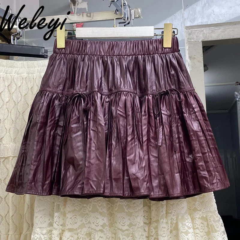 Burgundy Red Pleated Small Leather Skirt Vintage 2024 Autumn and Winter New Korean Style Women's Elastic Waist Short PU Skirts