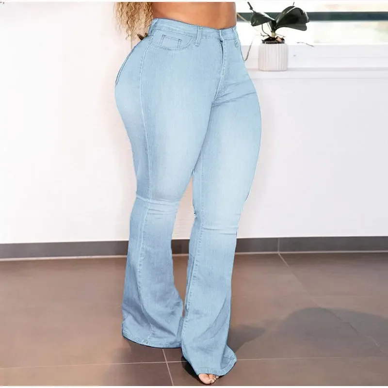 Plus Size White Blue Stretchy Flare Jean Women 5XL High Waist Wide Leg Vintage Bell Bottom Denim Pants Mom Indie Stacked Jeans