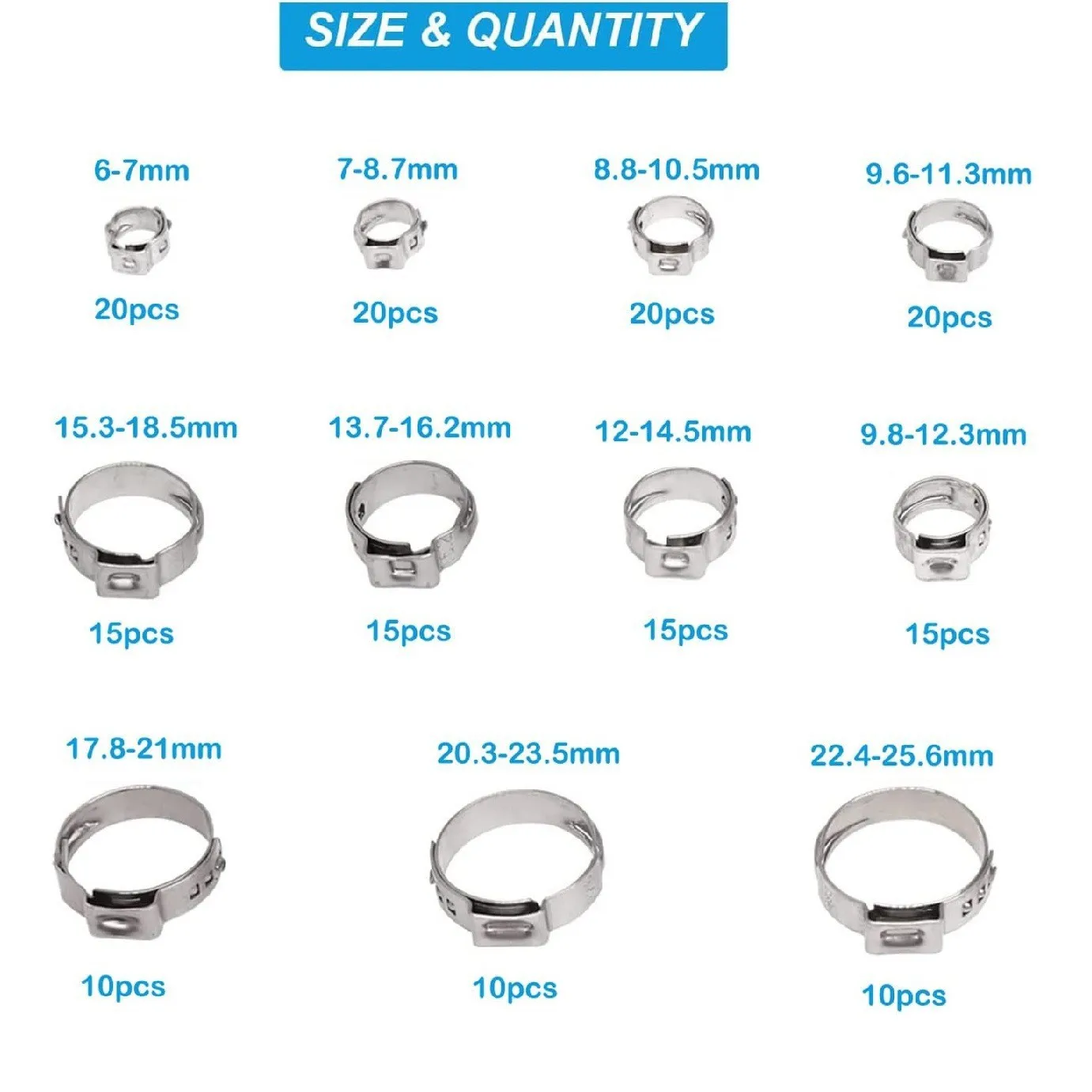 170Pcs Single Ear Hose Clamp Set with 11 Sizes Constant Tension Ring Clamp for Professional Plumbing And Piping