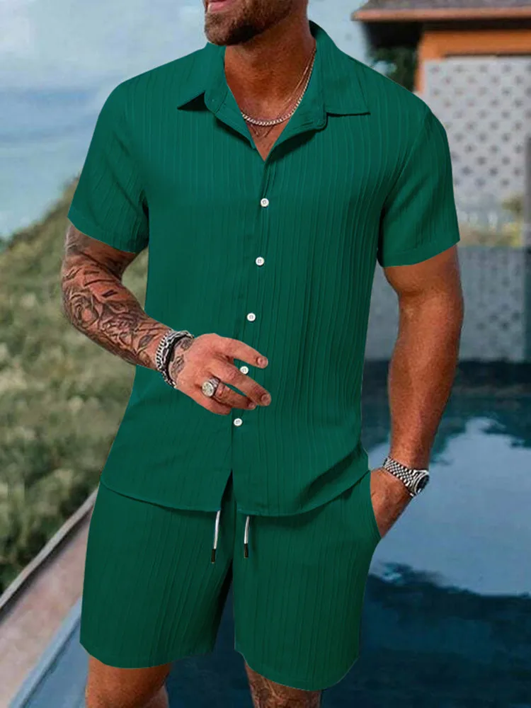 Men's fashion Summer New Casual Solid Color Striped Suit Men's High Quality Two-Piece Beach Style short Sleeve Shorts Suit