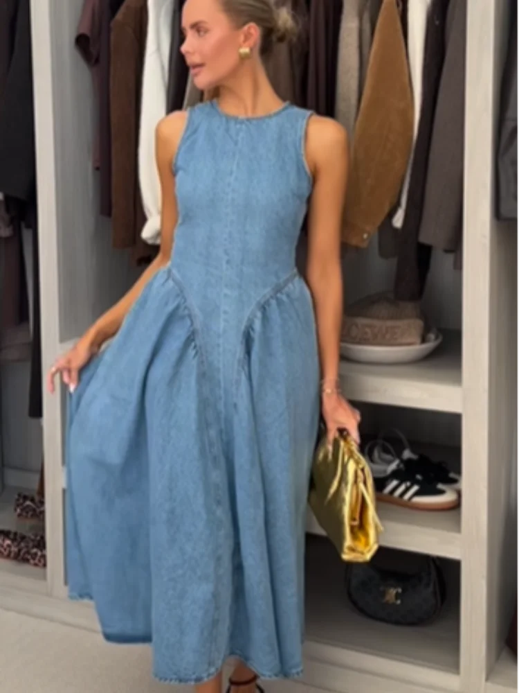 Vrouwen Vintage Hollow Out Denim Maxi Jurk Backless Een Lijn Denim Gewaden Lace Up Vestidos 2025, Nieuwe Dame Zomer Vakantie kleding