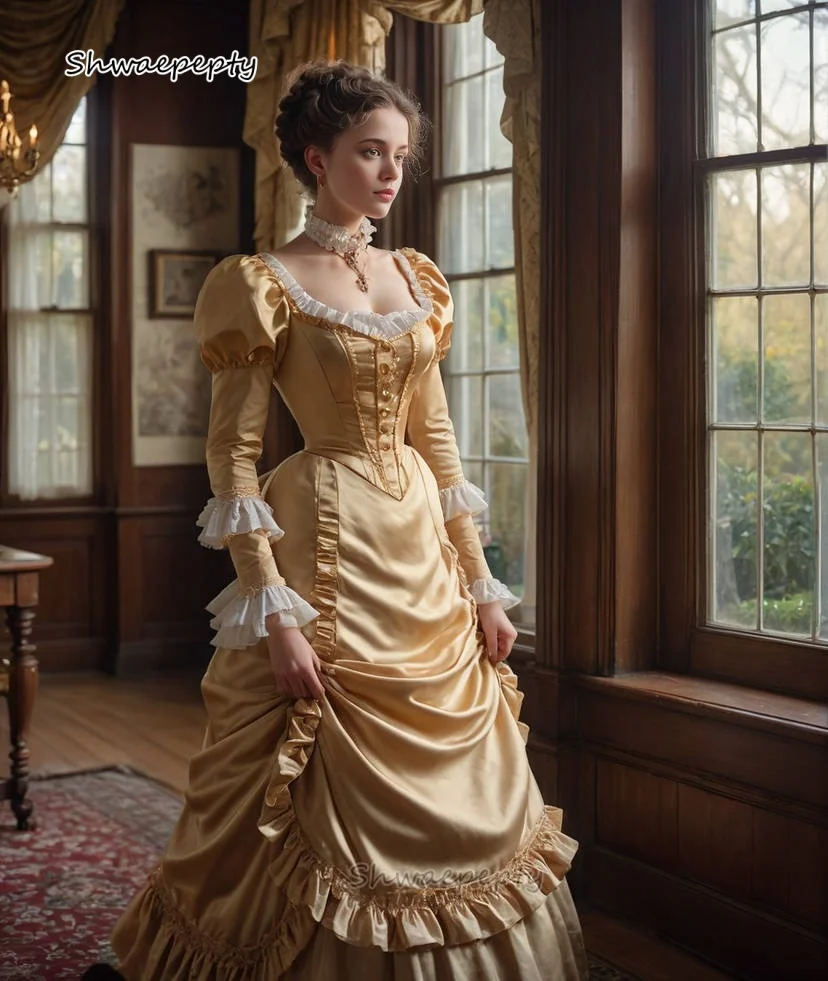 

Vintage Victorian Ruched Gold Prom Dress Long Sleeves Corset Medieval Lady Masquerade Costume Customized Bustle Evening Gowns