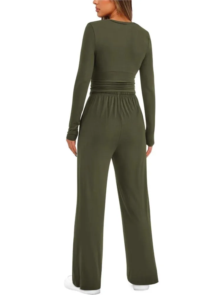 Pants Set For Women Slim Round Neck Long Sleeve Sweatshirt Drawstring High Waist Straight Trousers 2025 New Lady Two Piece Sets