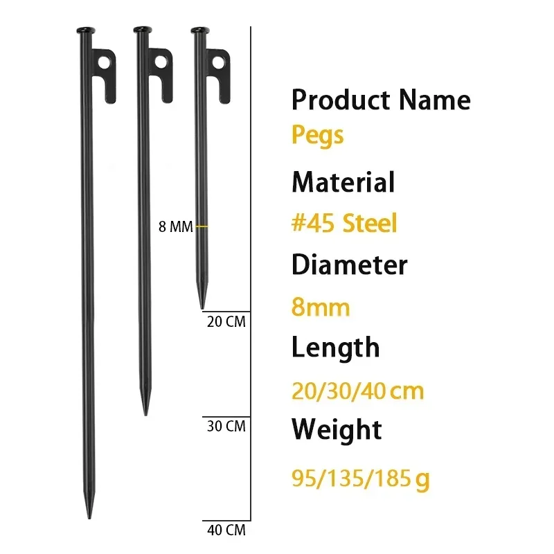 20/30/40CM 1pcs Tent Nail Durable High Strength Steel with Hole Black Ground Stakes Outdoor Camping Picnic Tent Fixation Peg