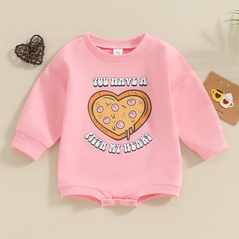 

2023-11-18 Lioraitiin 0-18M Cute Newborn Baby Girl Valentine’s Day Romper Pizza Print Long Sleeve Round Neck Jumpsuit Outfit